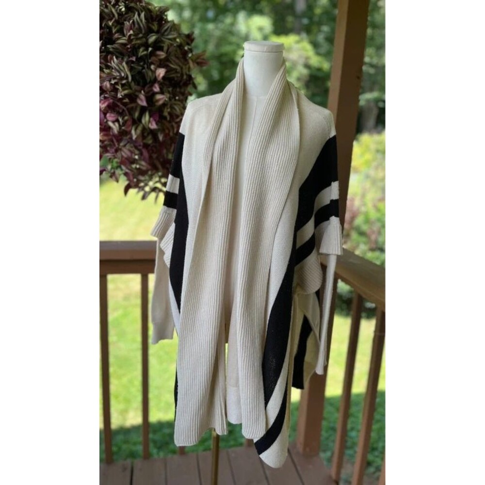 RD Style Cream & Black Striped Knit Poncho Cardigan Shawl Collar Size L/XL